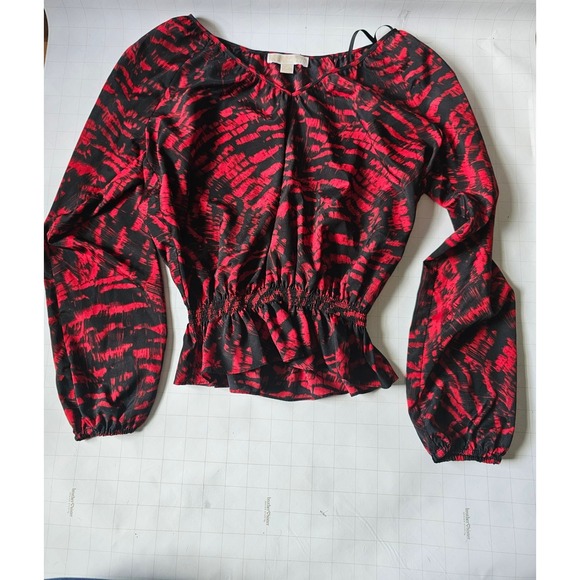 Michael Michael Kors Blouse Medium Red Black Abstract Long Sleeve Smocked Waist - Picture 1 of 6